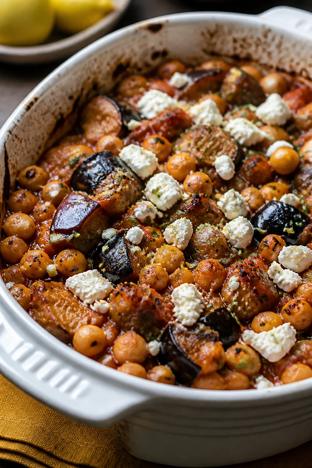Casserole dish with baked lemon eggplant and chickpeas topped with feta