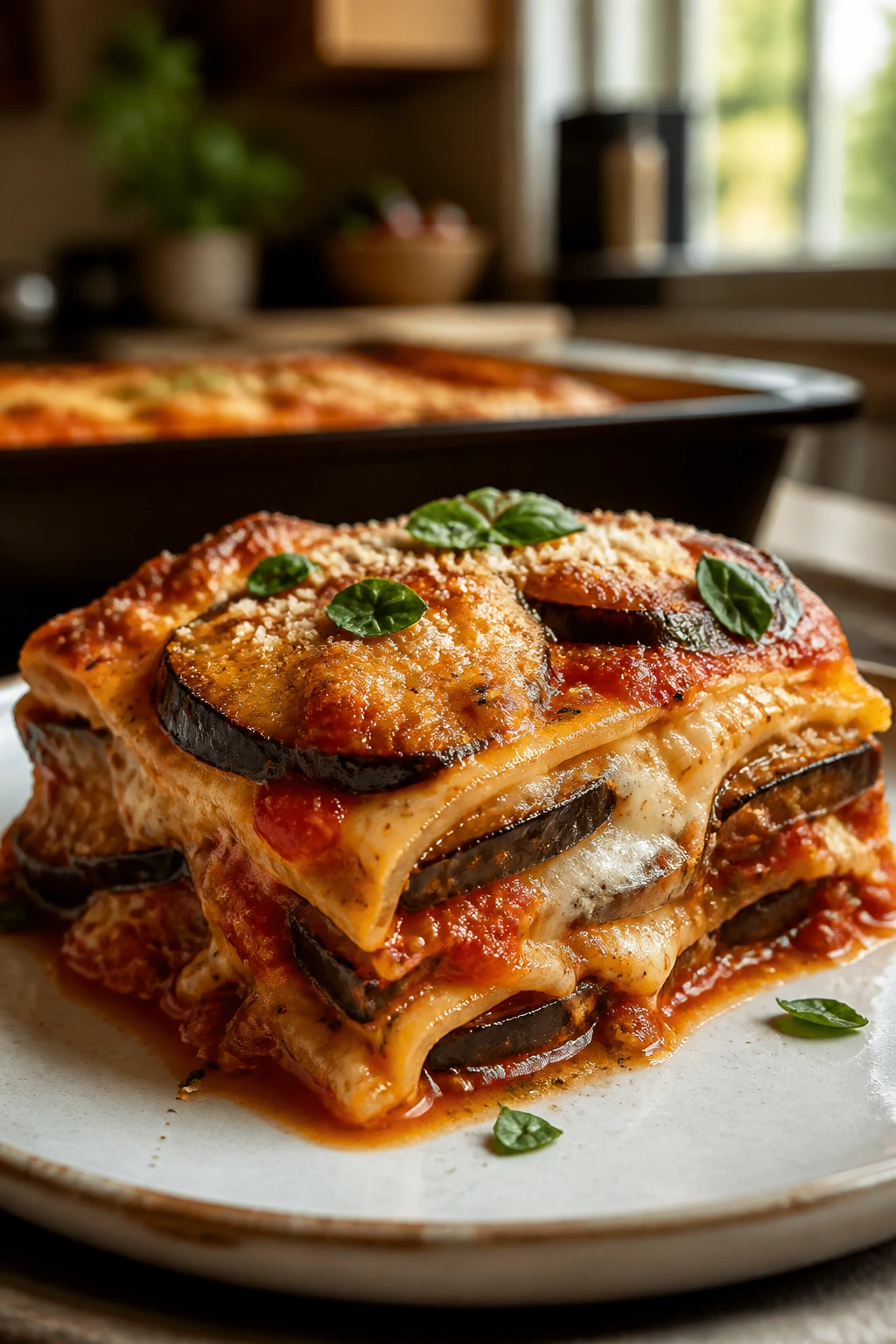 Plated slice of eggplant parmesan lasagna with browned eggplant and cheese layers