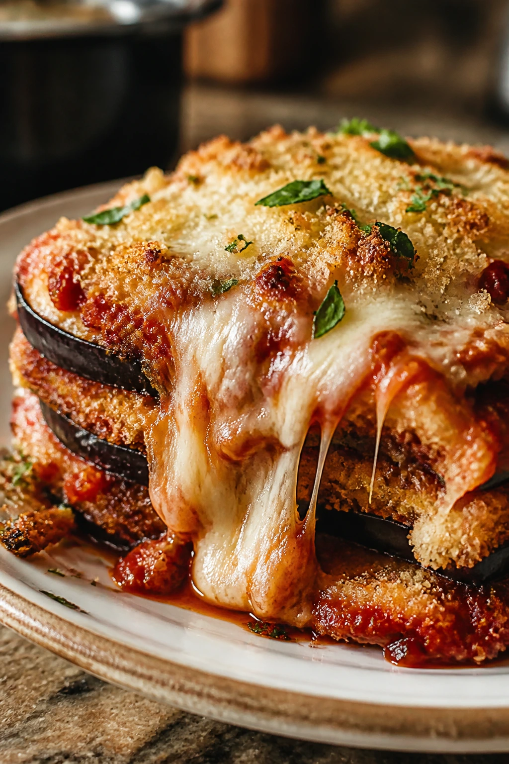 Close-up of eggplant parmesan slice with melted cheese on plate