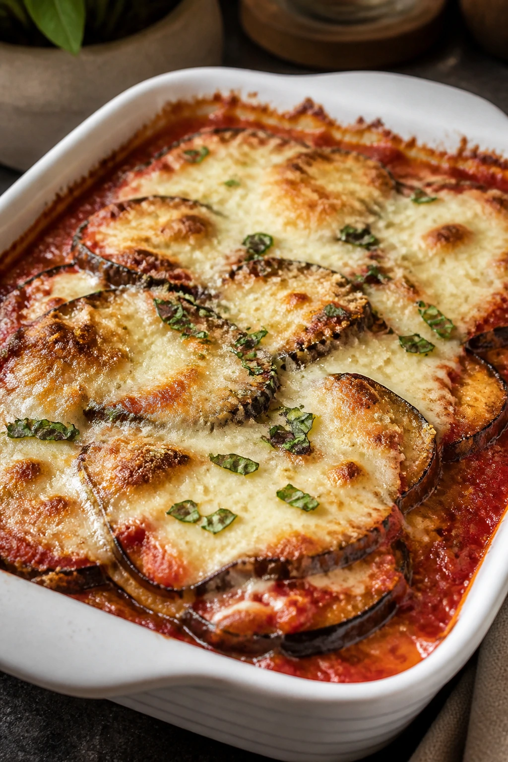 Close-up of Eggplant Parmesan Casserole with melted mozzarella and tomato sauce in a baking dish