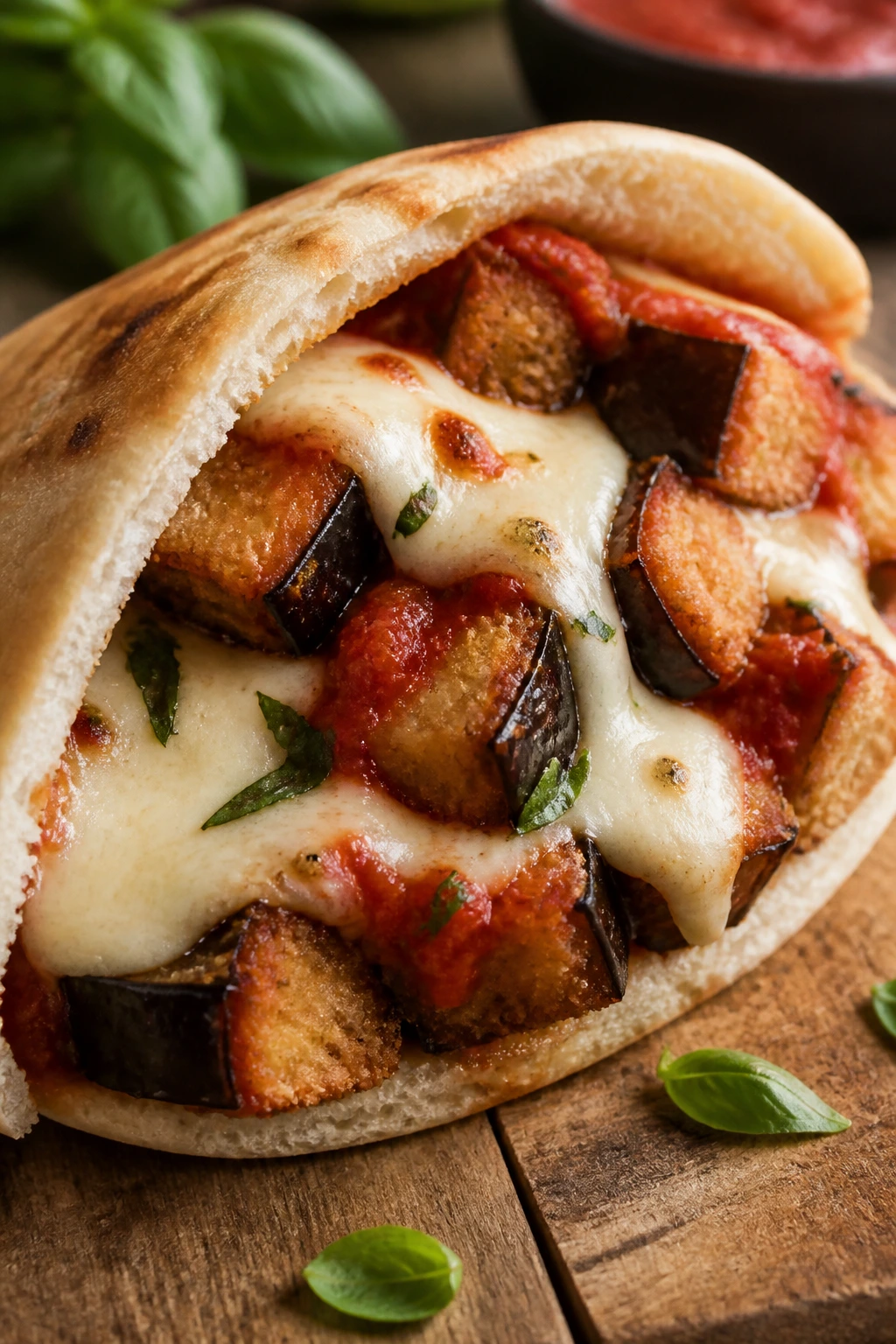 Close-up of eggplant parmesan inside a pita with tomato sauce and melted cheese