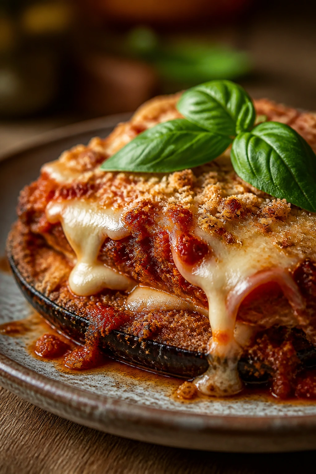 Close-up of Eggplant Parmesan with Marinara and Basil on a rustic plate, showing melted cheese and marinara.