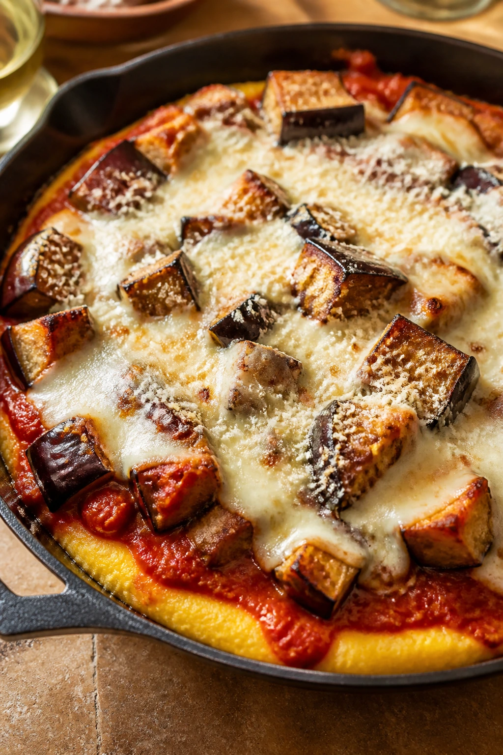 Roasted eggplant over polenta with melted cheese in a skillet