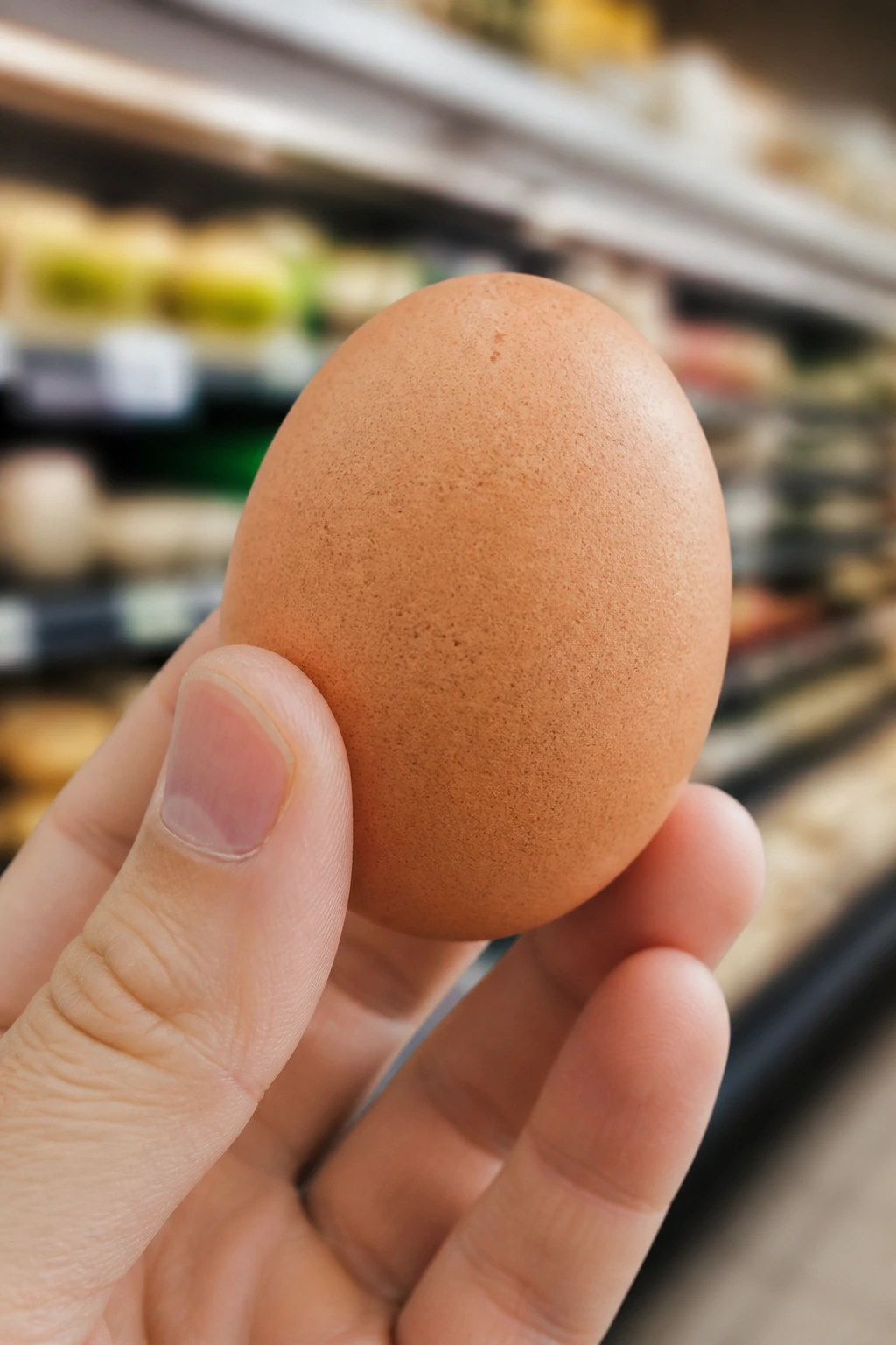 Close-up of a hand holding a fresh egg in a grocery store environment, egg dominates the frame