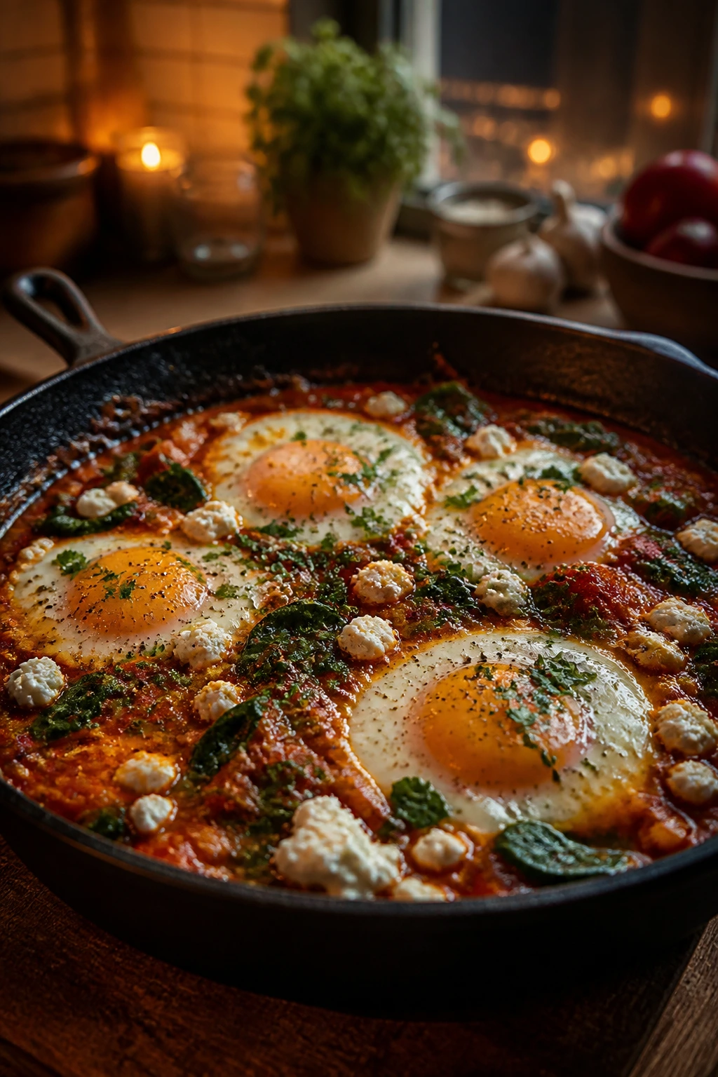 Close-up of eggs in a skillet with sauce, illuminated by warm evening kitchen light