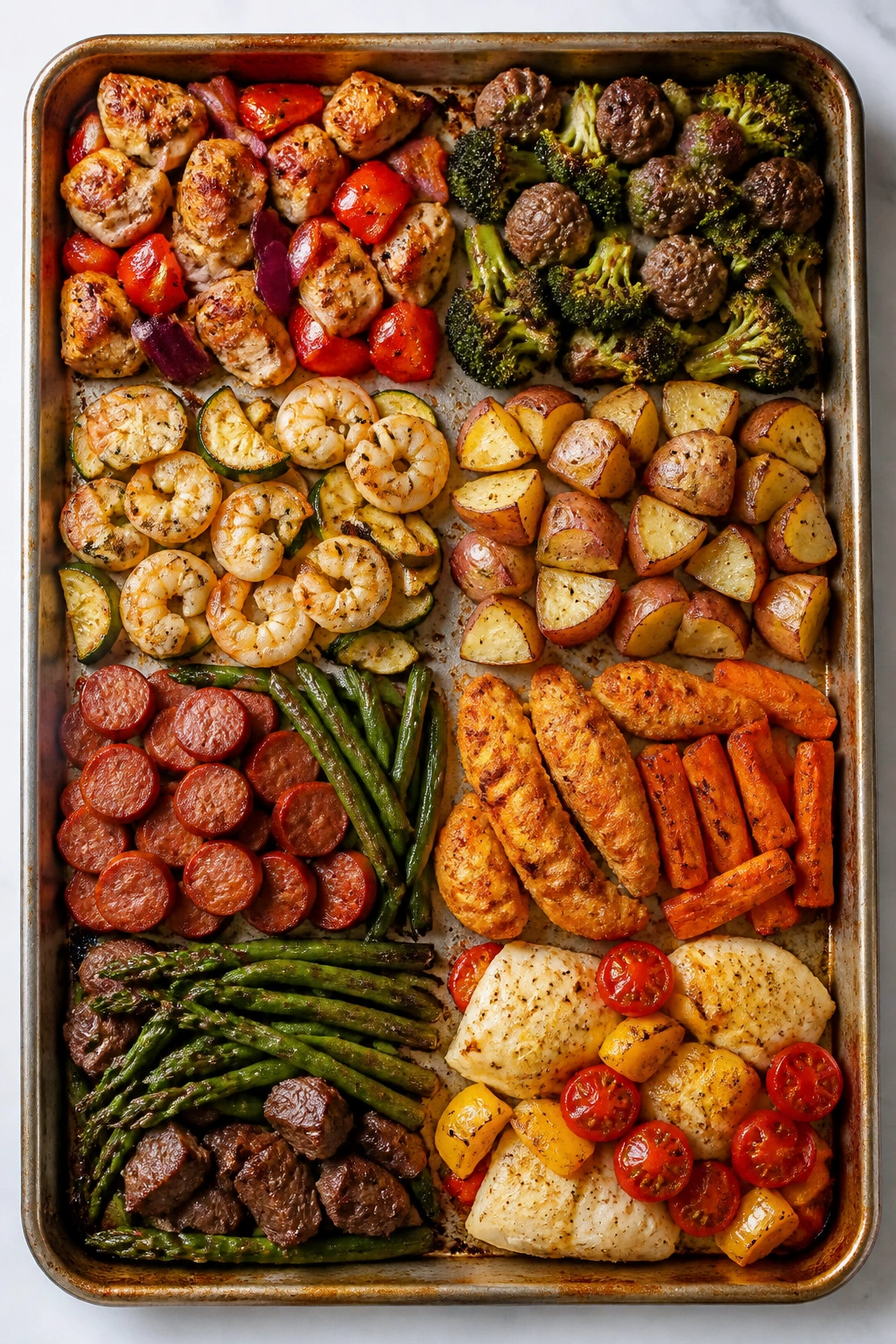 Top-down sheet pan with eight ingredient clusters representing different recipes, no text.