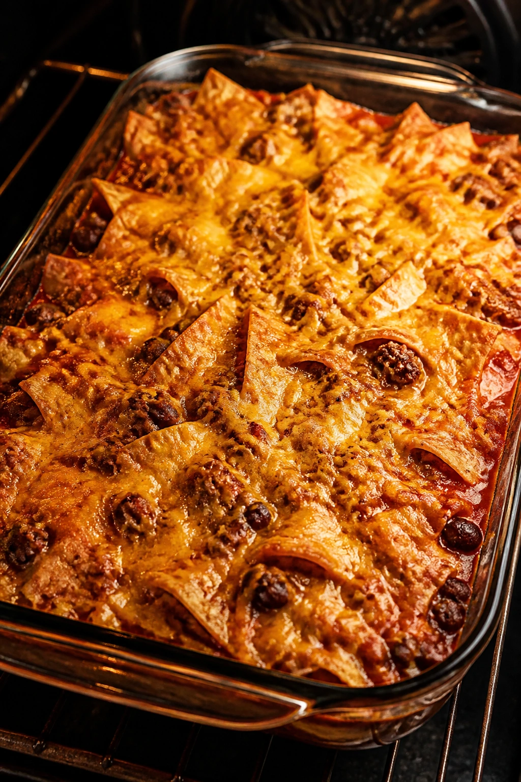Bubbly enchilada beef and bean bake in baking dish