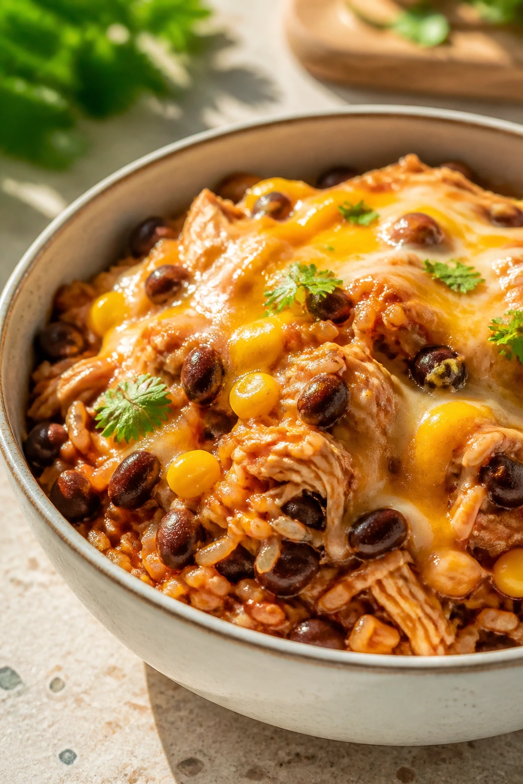 Bowl of cheesy chicken enchilada bowls with beans and corn