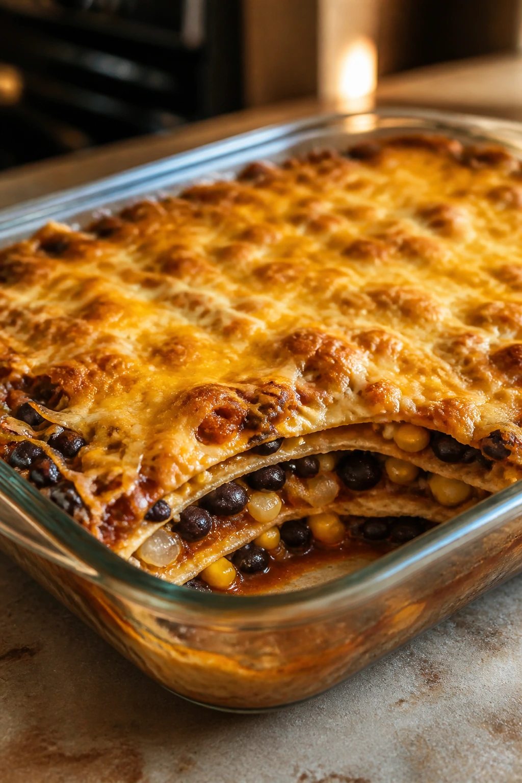 Bubbling black bean enchilada casserole in a baking dish.