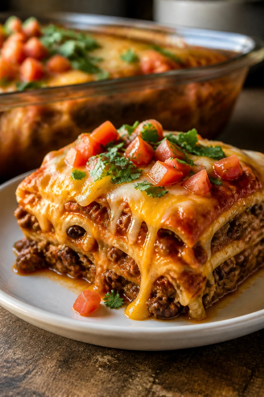 Slice of enchilada casserole on a plate with cheese and sauce