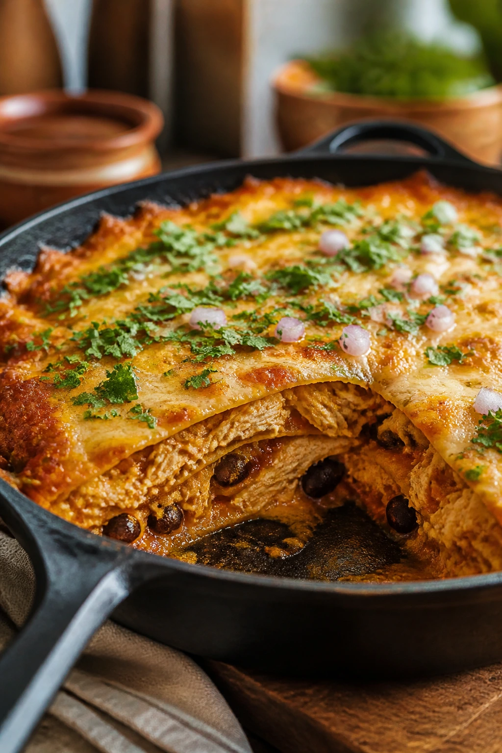Slice of chicken enchilada casserole with layered tortillas and cheese.