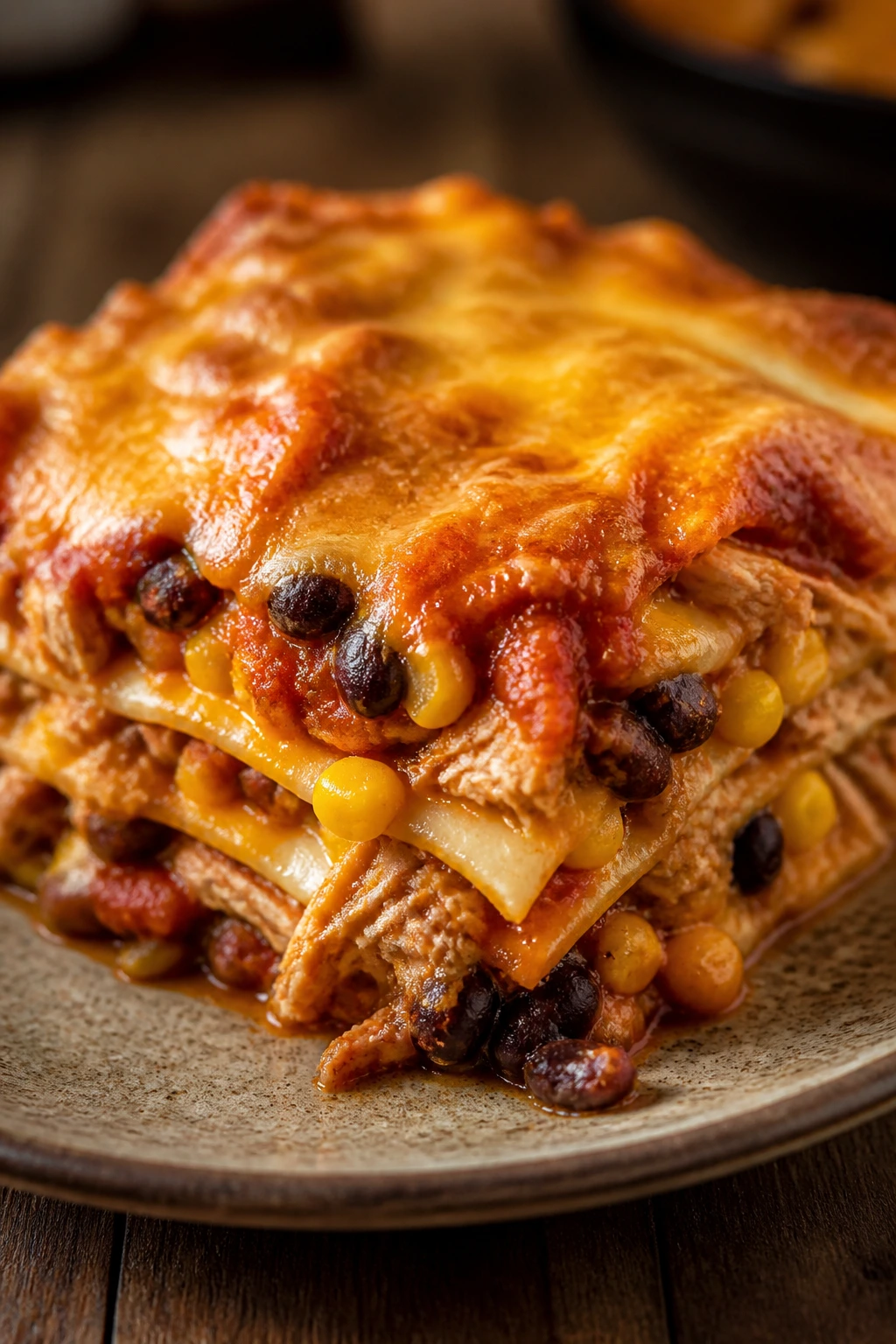 Slice of enchilada casserole showing layered tortillas and fillings
