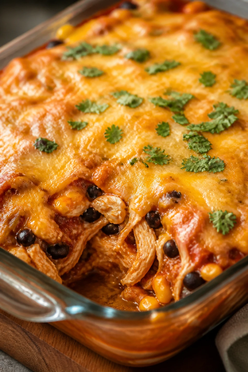 Layered chicken enchilada casserole bubbling with cheese in a baking dish