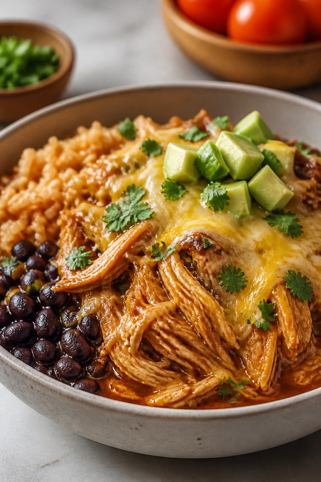Enchilada-style chicken burrito bowl with melted cheese in a bowl