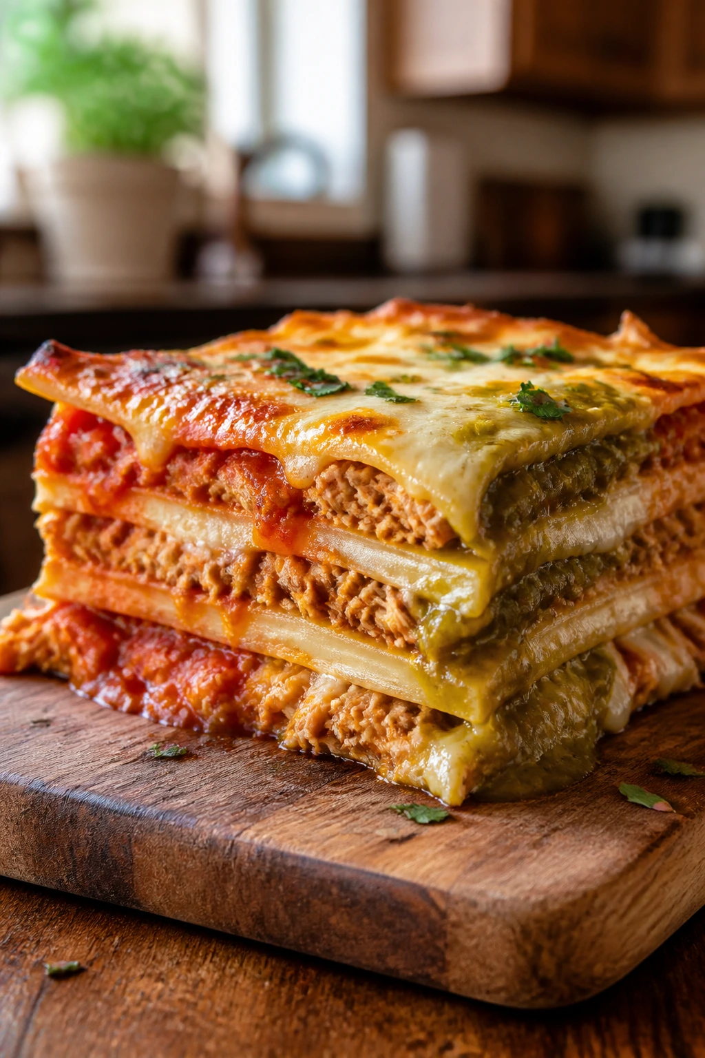 Close-up of a slice of enchilada lasagna showing tortilla layers and cheese on a wooden board.