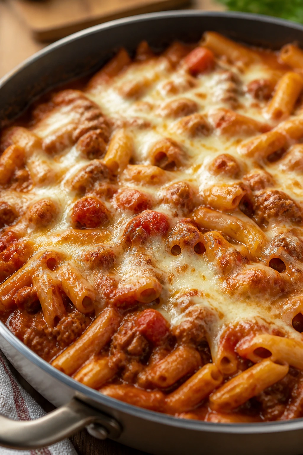 Enchilada pasta with salsa and melted Monterey Jack in a pan