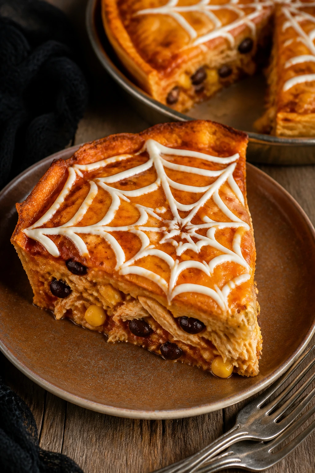 Close-up of spiderweb chicken enchilada pie slice with sour cream web on top.