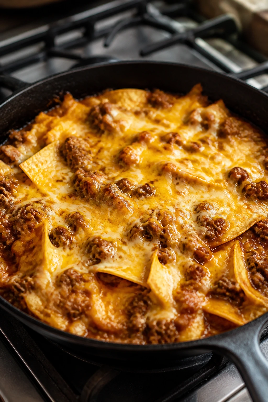 Close-up of skillet enchilada casserole with melted cheese