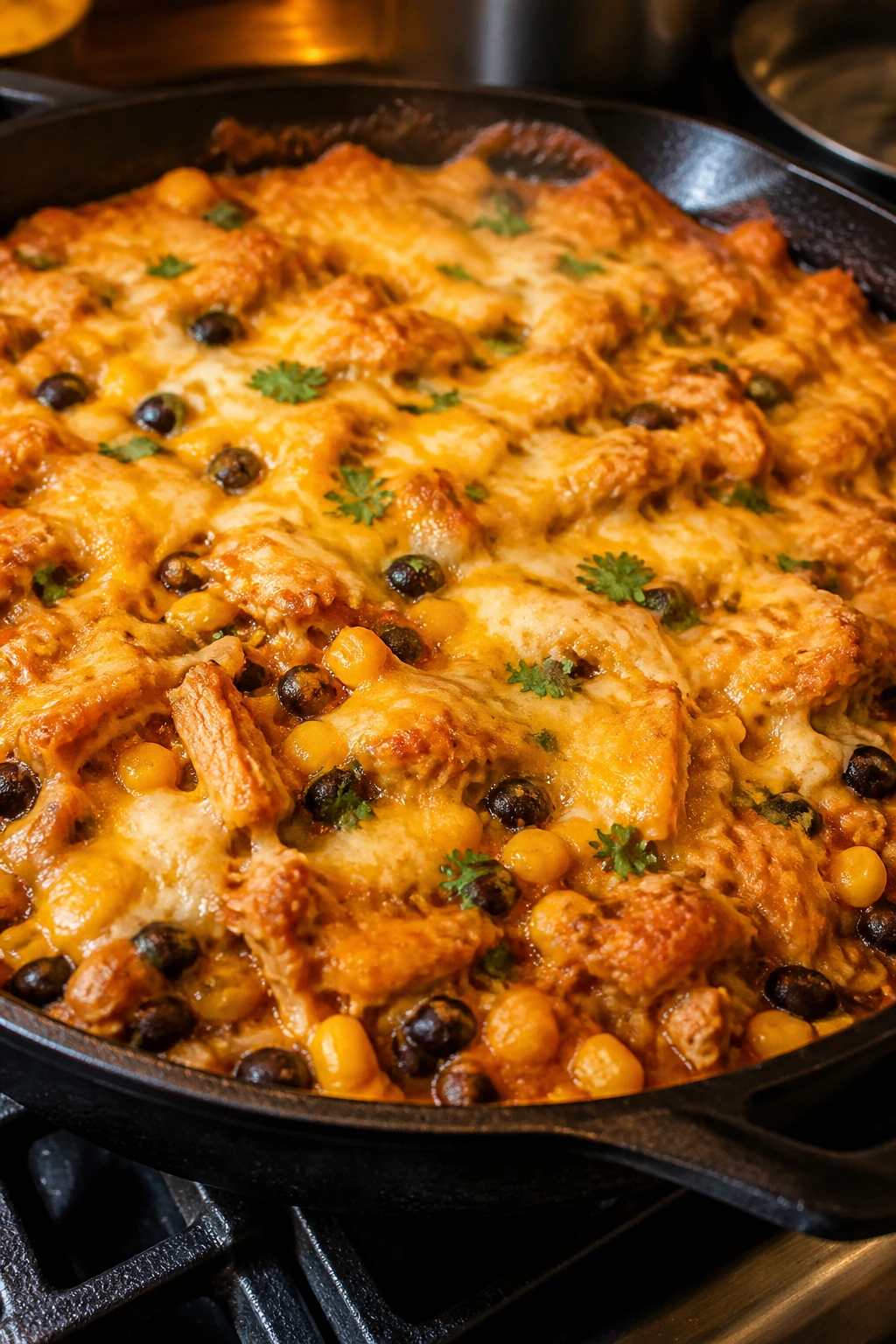 Cast-iron skillet full of chicken enchilada with cheese and beans