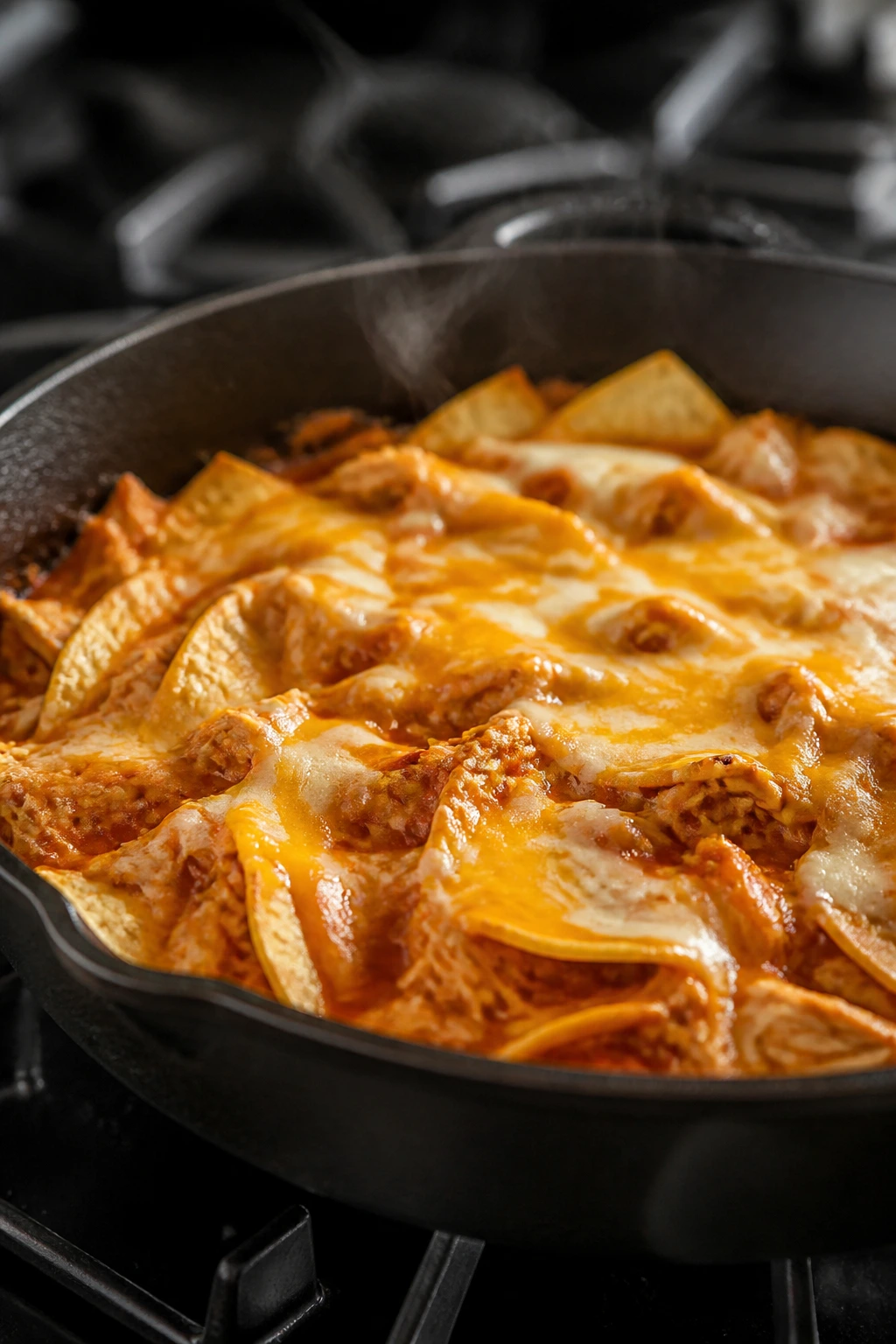 Close-up of chicken enchilada skillet with layered tortillas and melted cheese