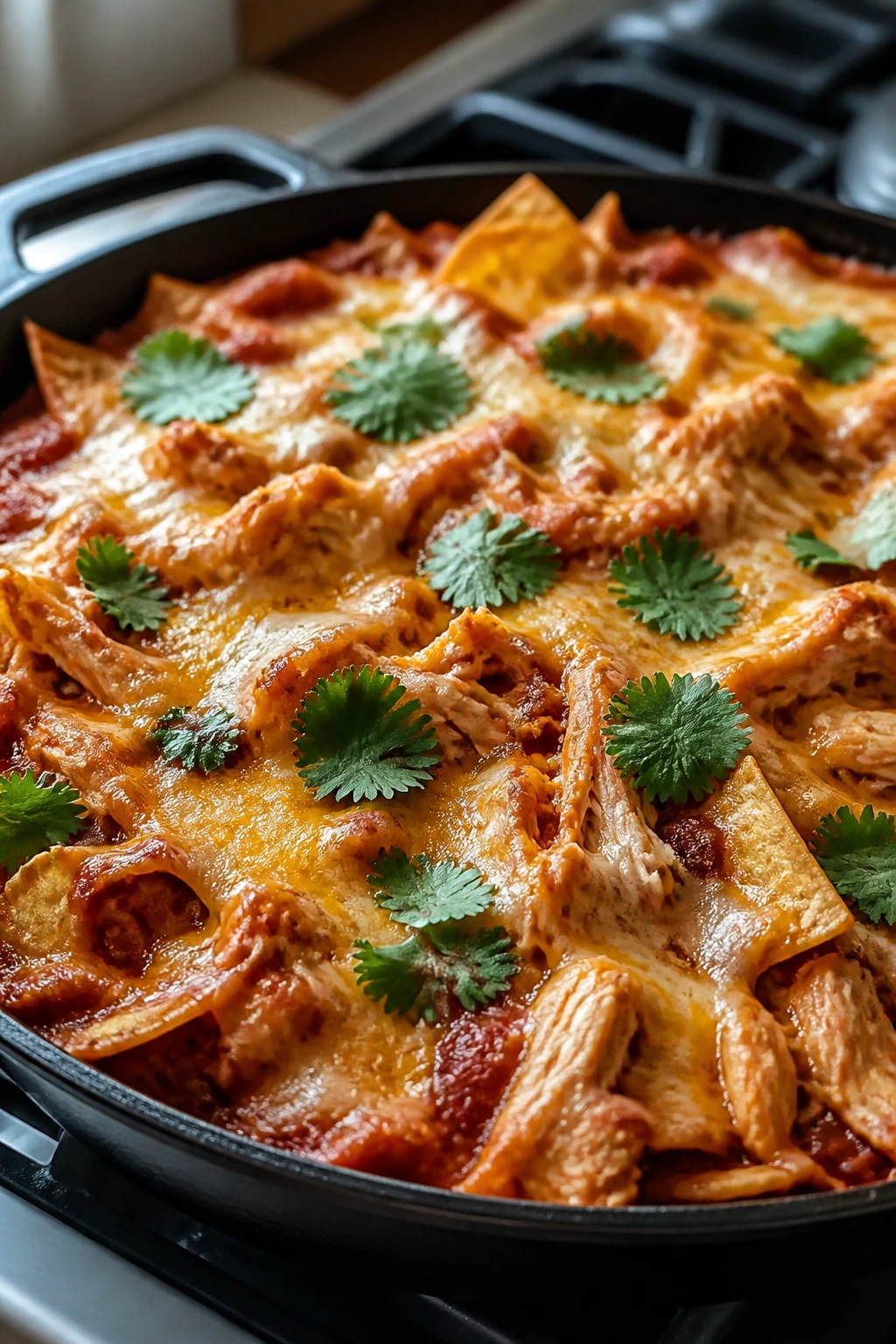 Close-up of rotisserie chicken enchilada skillet with cheese