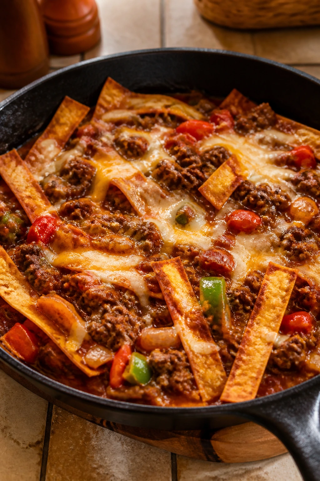 Close-up of enchilada tortilla skillet with cheese and tortillas