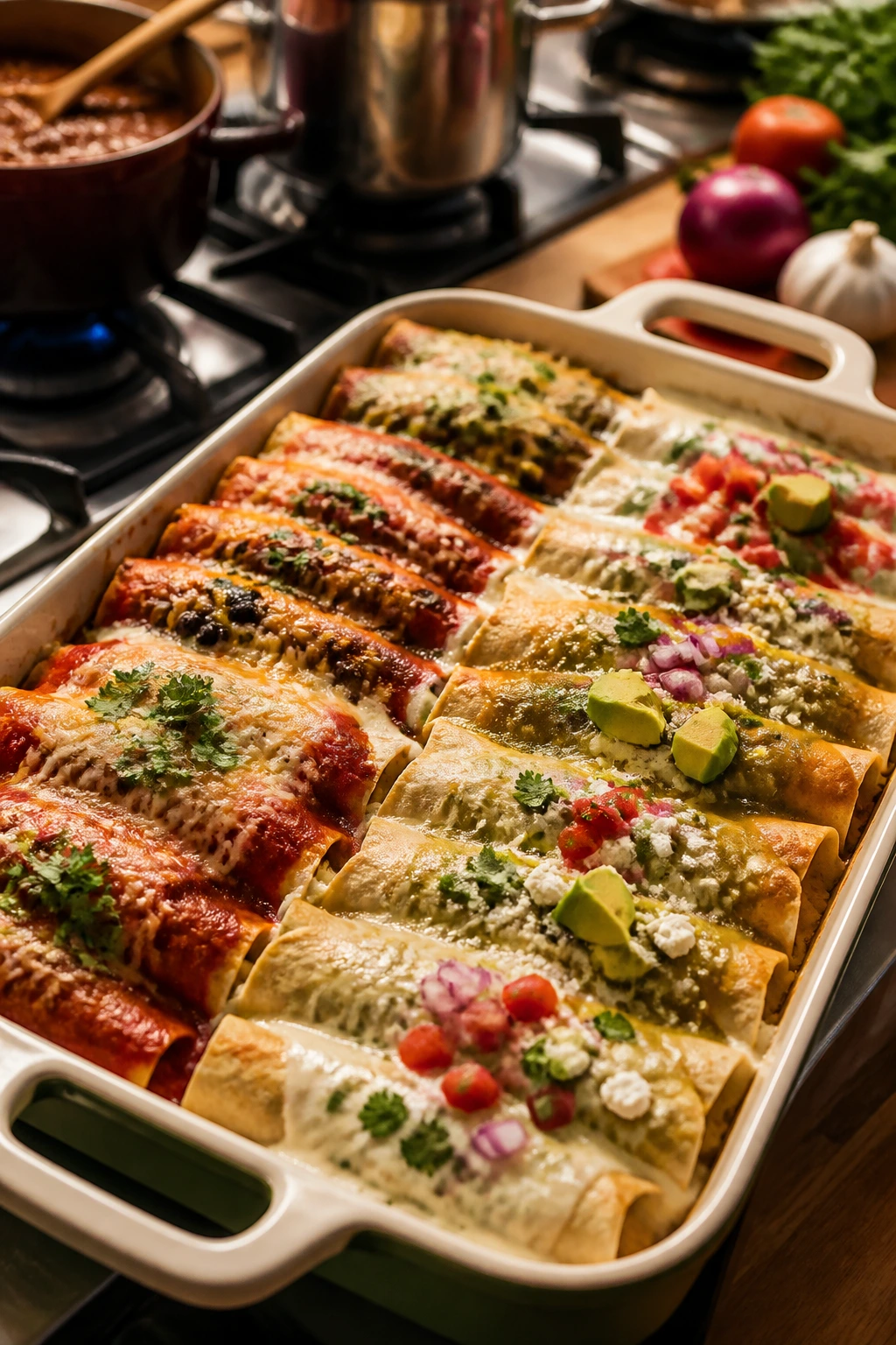 Enchiladas in a baking dish showing variety in fillings and toppings