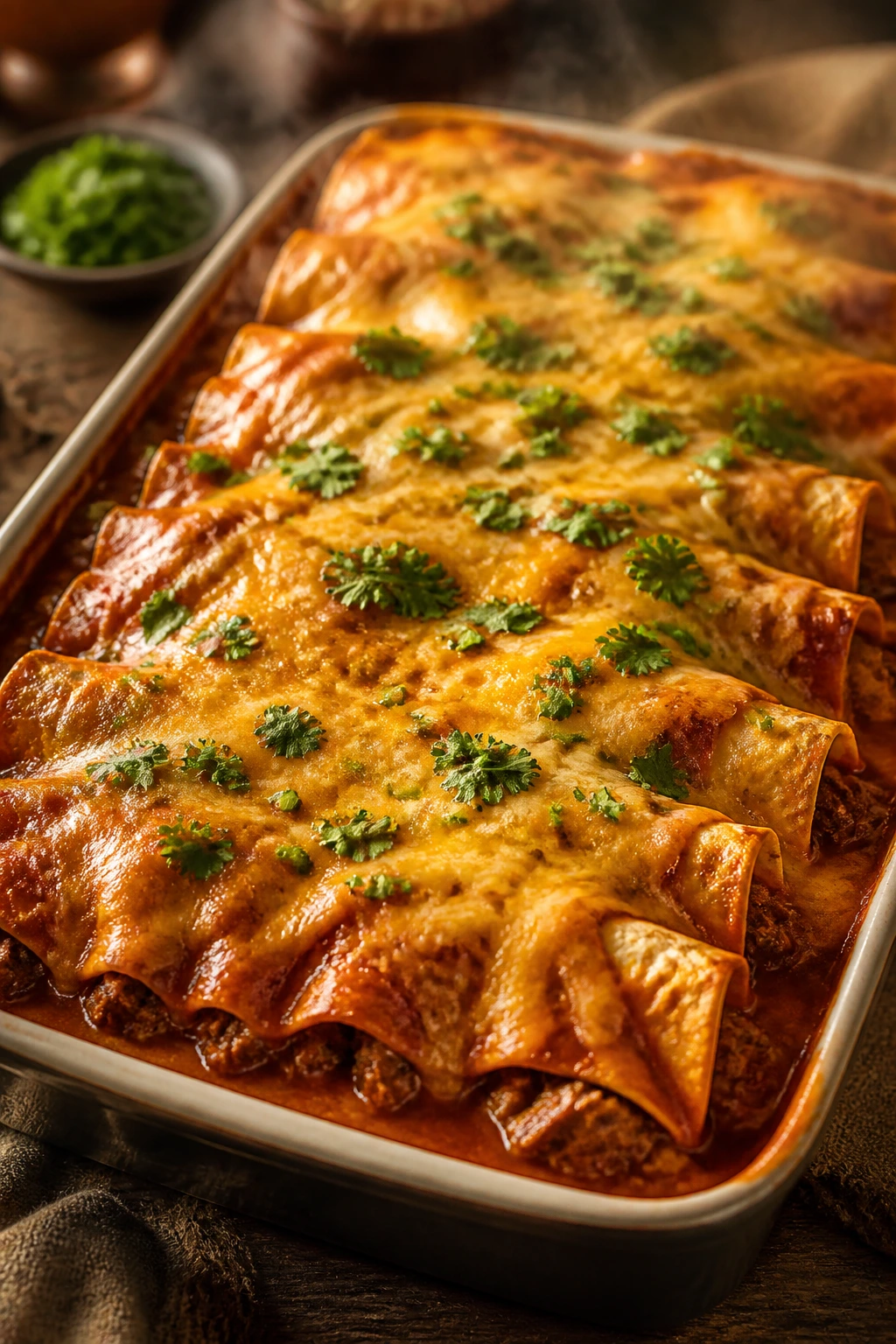 Large pan of beef and cheese enchiladas ready to feed a crowd