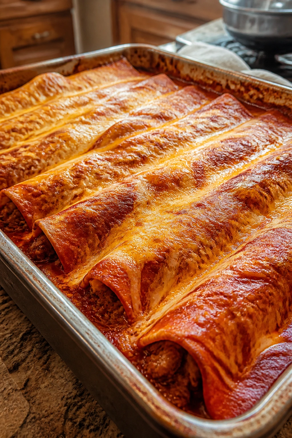Close-up of a pan of beef and cheese enchiladas with red sauce in a cozy kitchen