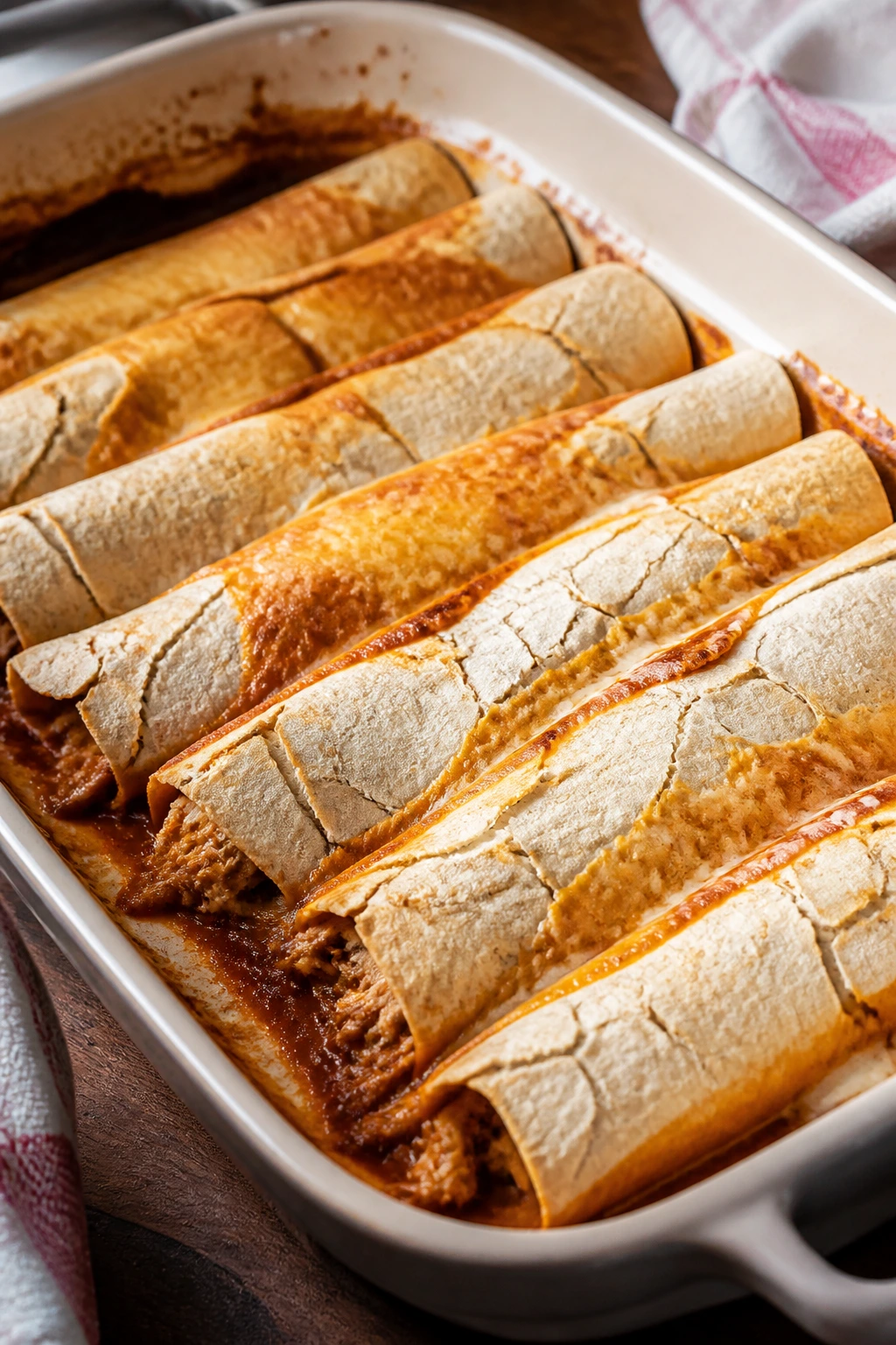 Enchiladas in a baking dish with dry edges illustrating common mistakes