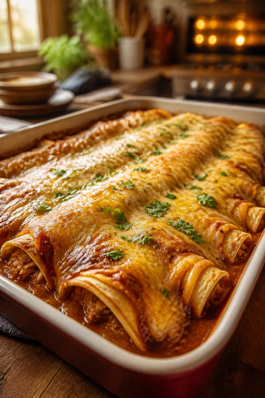 Close-up of a pan of enchiladas showing folds, cheese, and sauce.