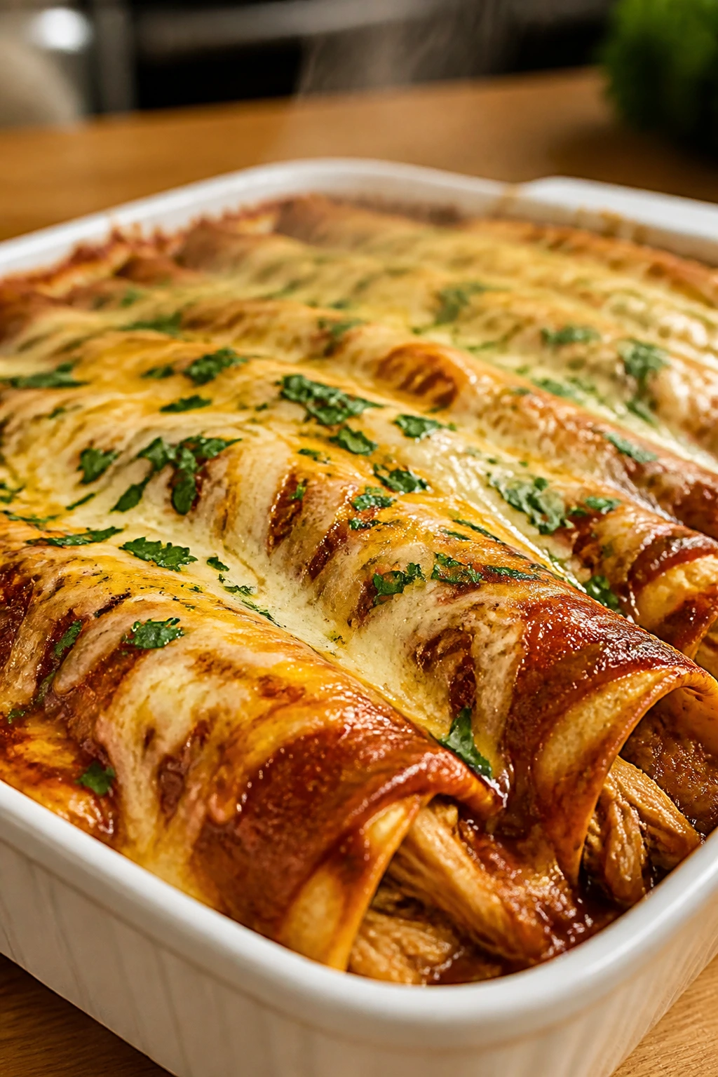 Enchiladas in baking dish with melted cheese