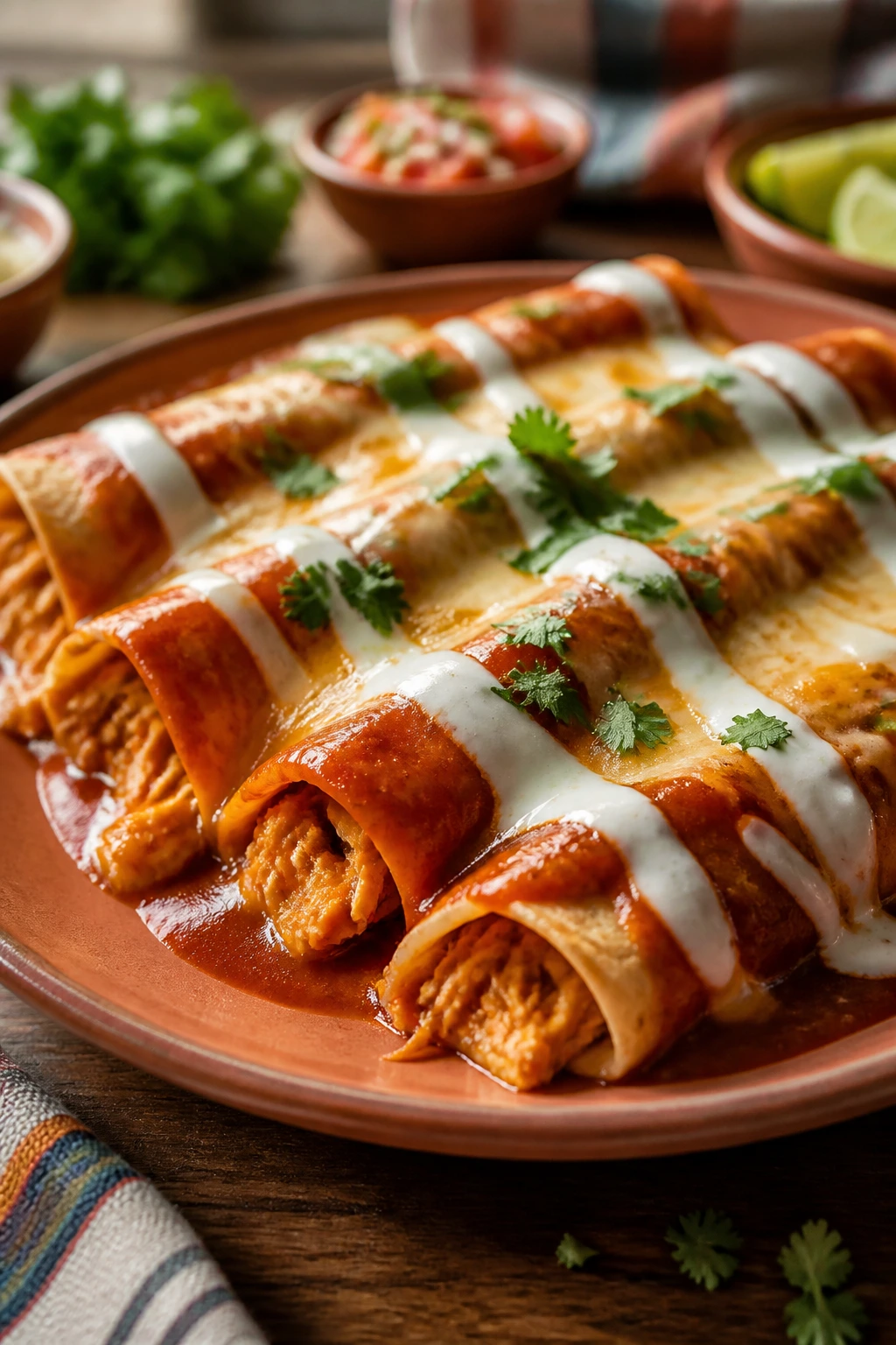 Plate of enchiladas with sauce drizzle and cilantro garnish.