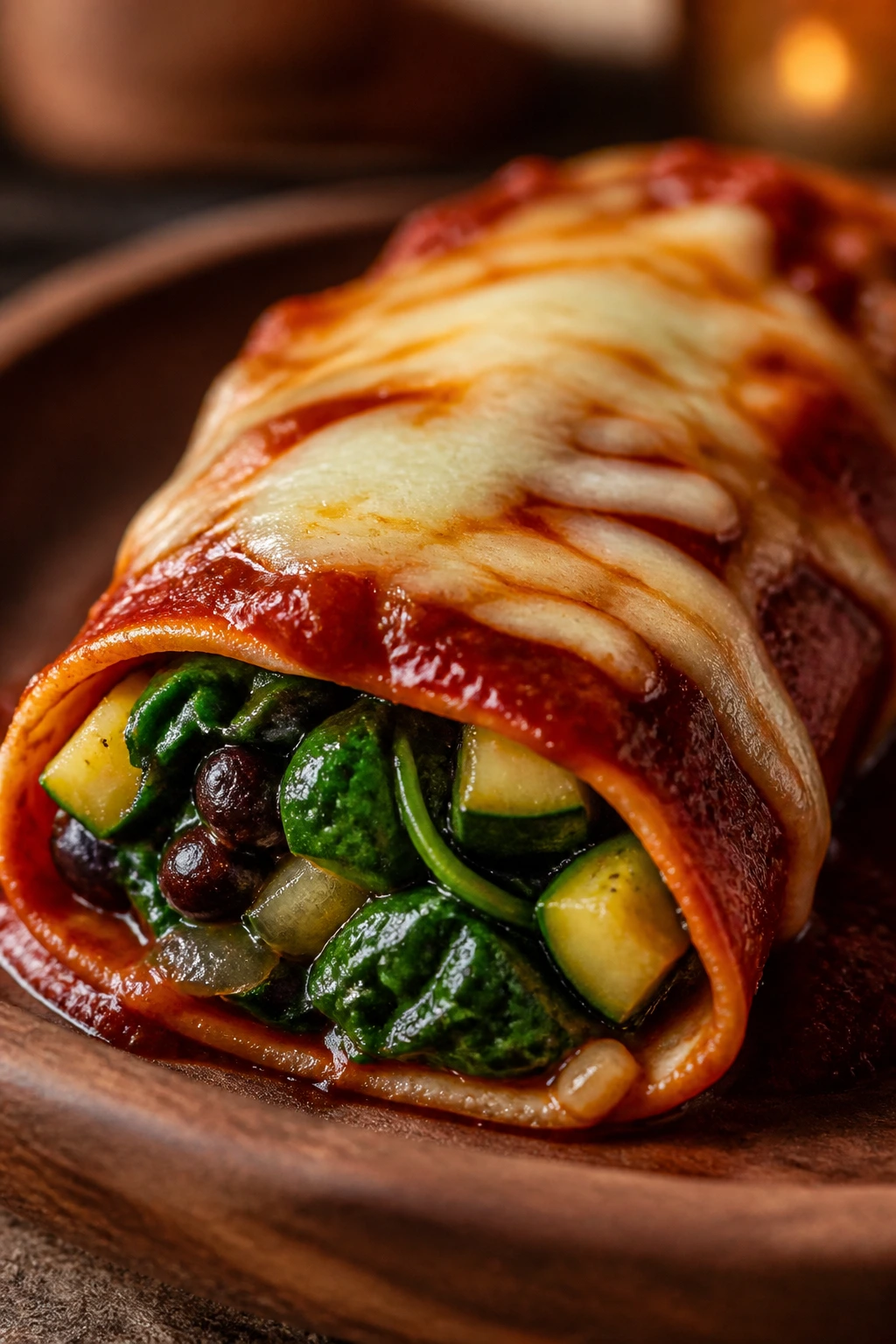 Close-up of spinach and zucchini enchiladas on a rustic plate