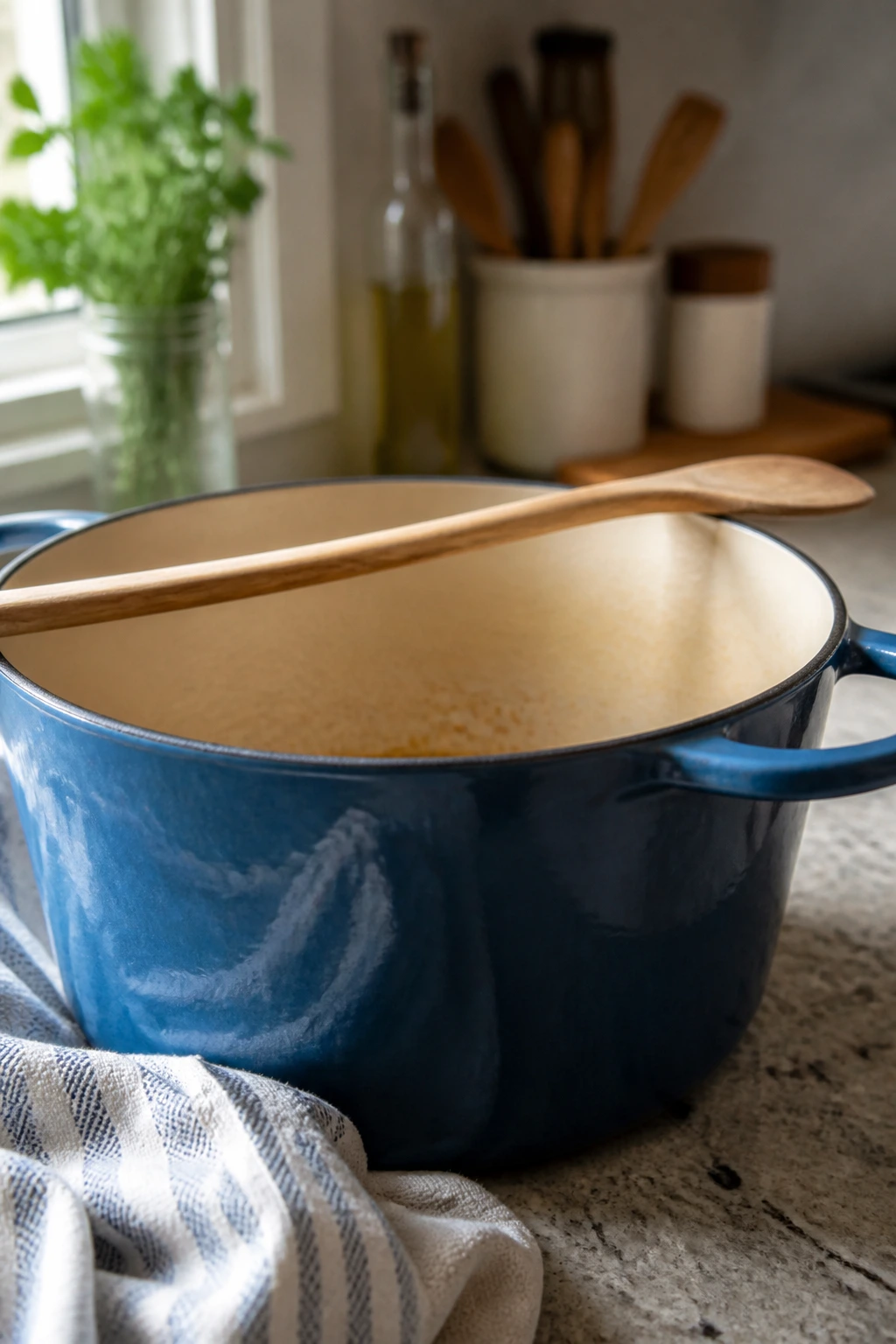 Large Dutch oven on a kitchen counter with a wooden spoon across the rim