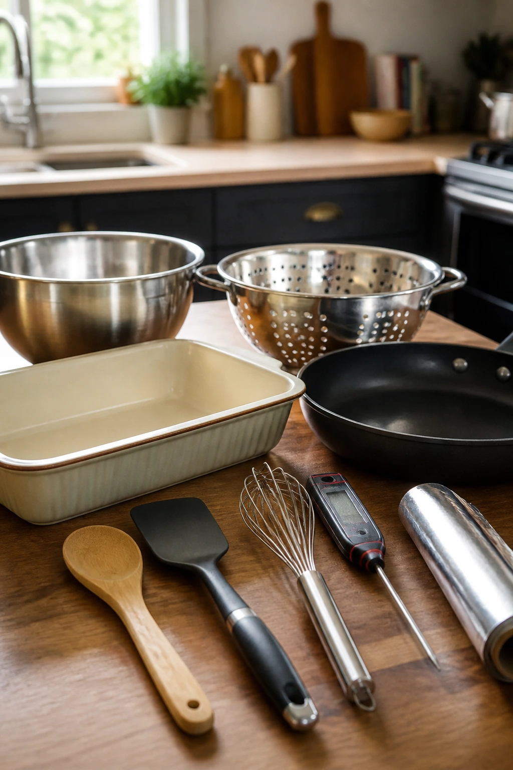 Close-up of essential kitchen equipment for hashbrown casseroles arranged on a wooden counter