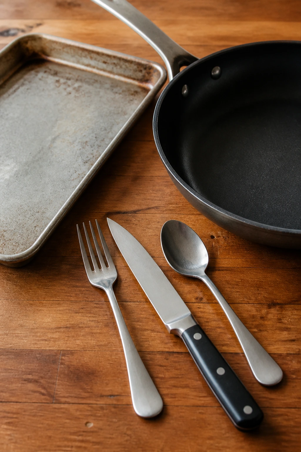 Rimmed baking sheet, large skillet, fork, and knife on a kitchen counter