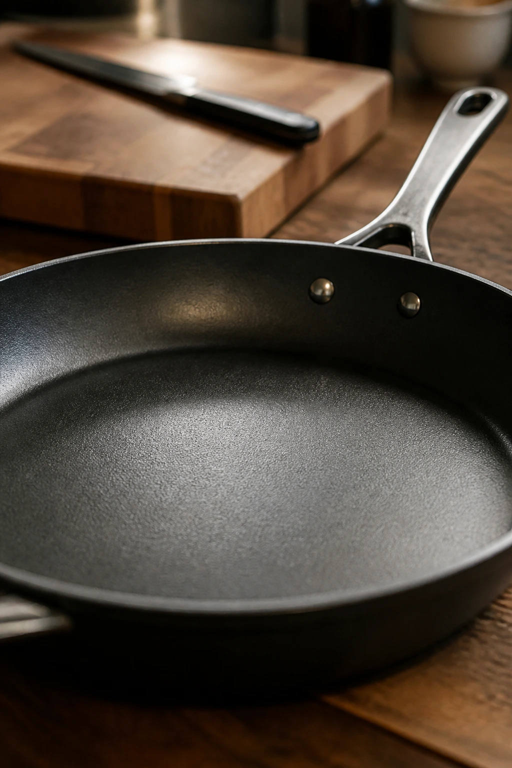 Large skillet on counter representing essential equipment