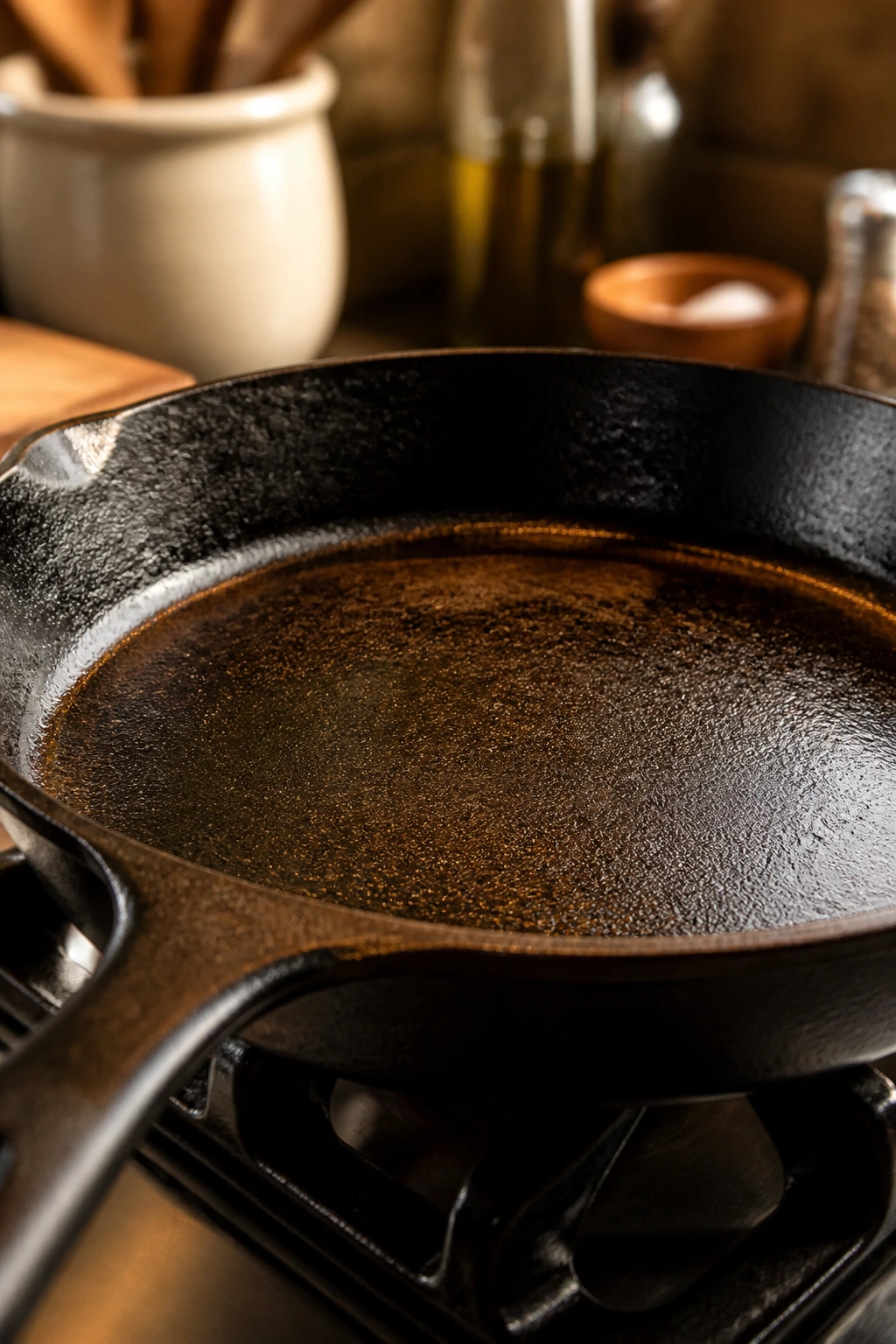 Close-up of a large skillet on a stove, ready for chicken dinners