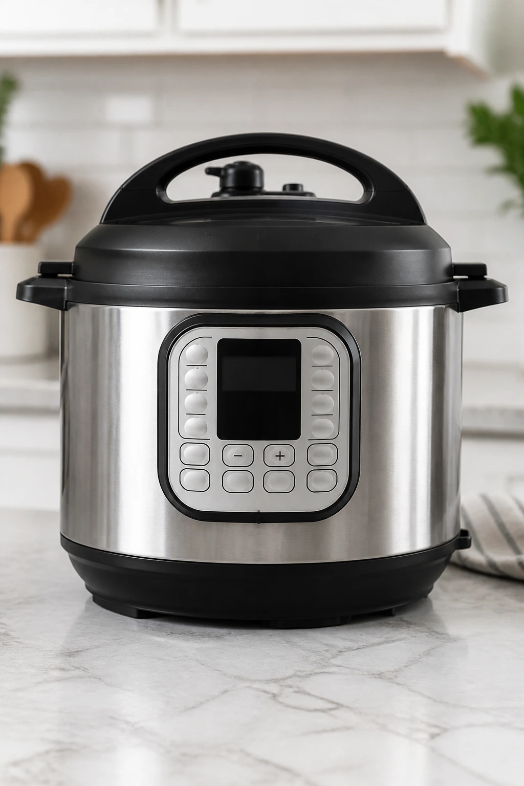 Six-quart Instant Pot on a clean kitchen counter, focus on the appliance