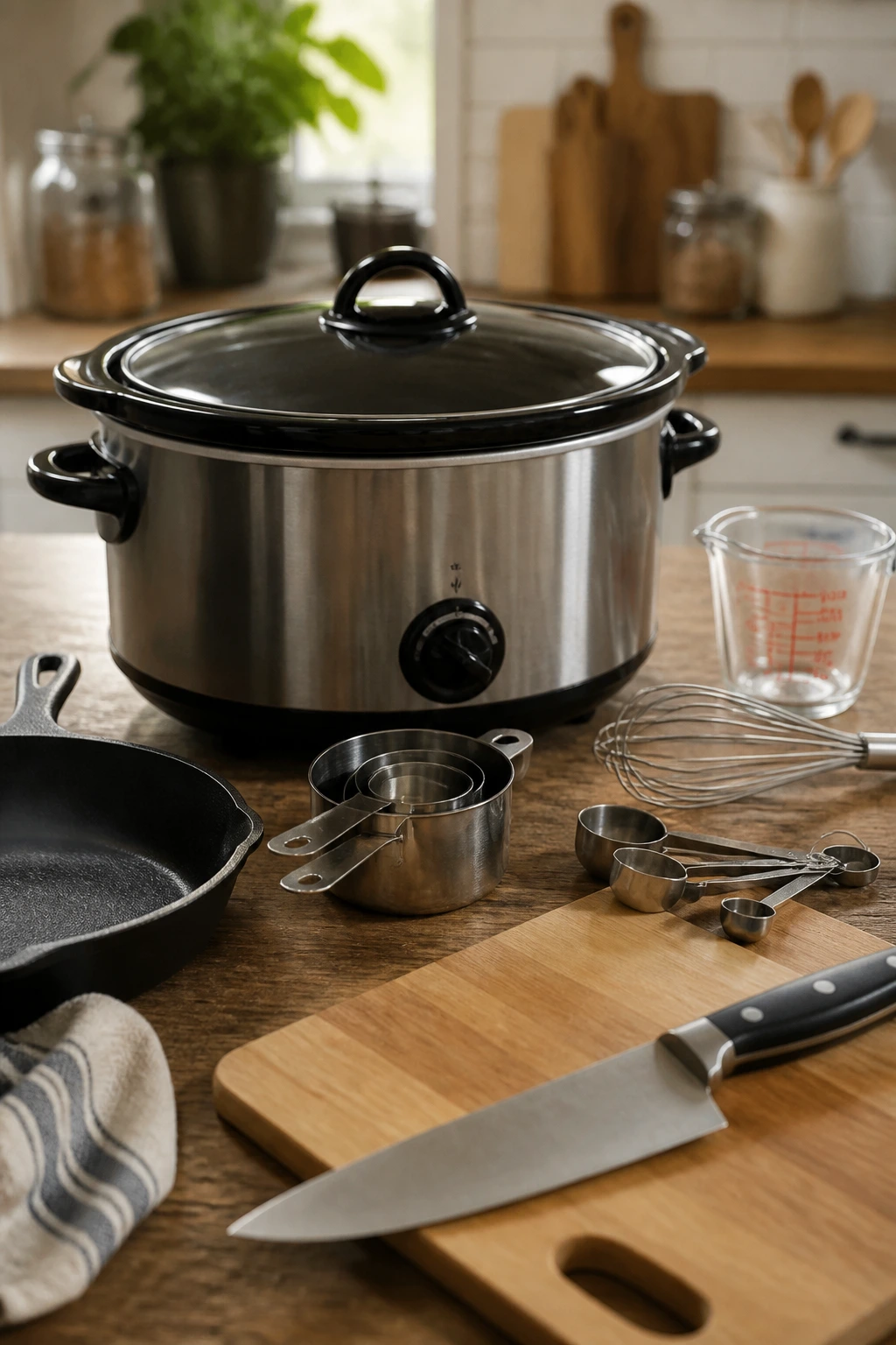 Close-up of essential kitchen equipment centered on a slow cooker