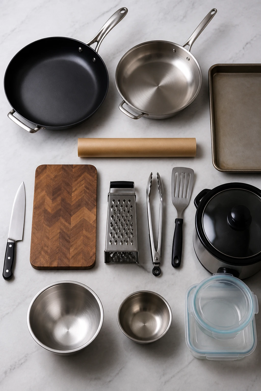 Top-down arrangement of essential kitchen equipment