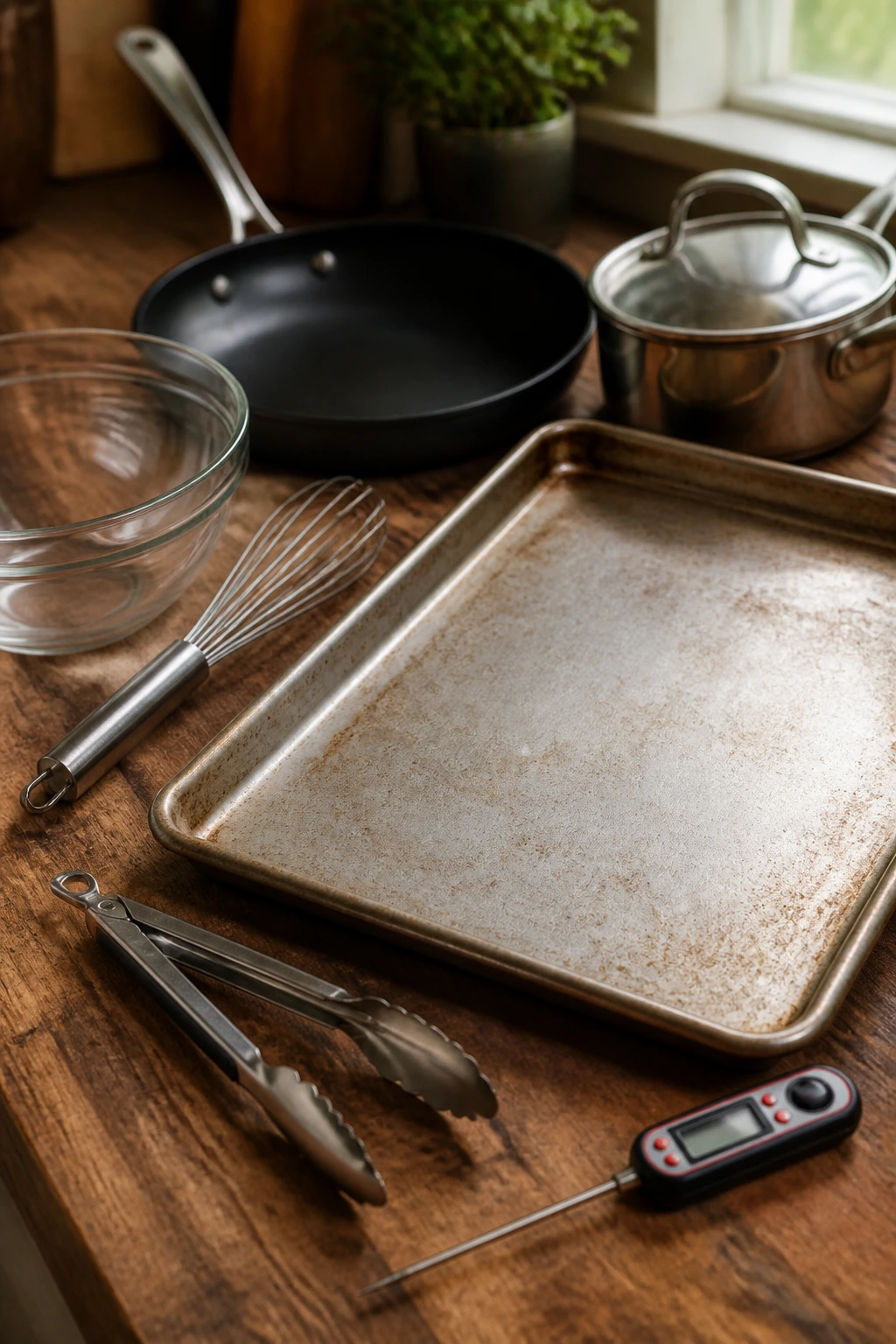 Close-up montage of essential kitchen equipment on a wooden counter