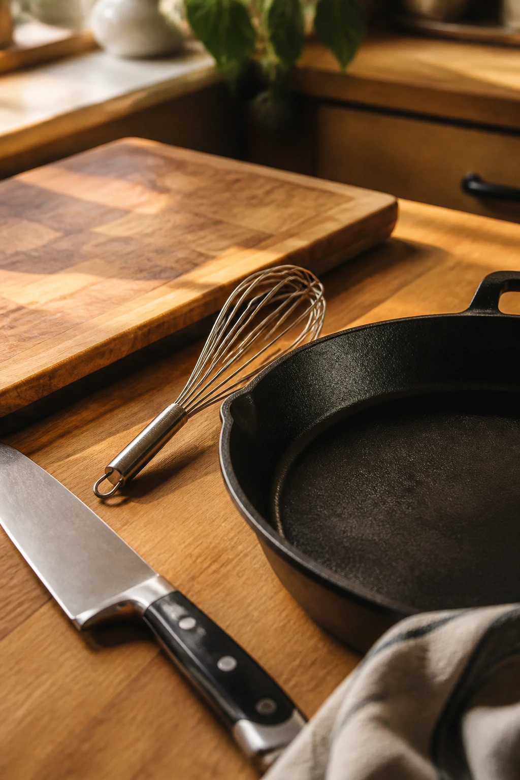 Close-up of essential kitchen tools arranged on a wooden counter