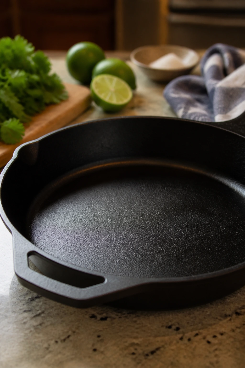 Cast-iron skillet dominating frame on kitchen counter