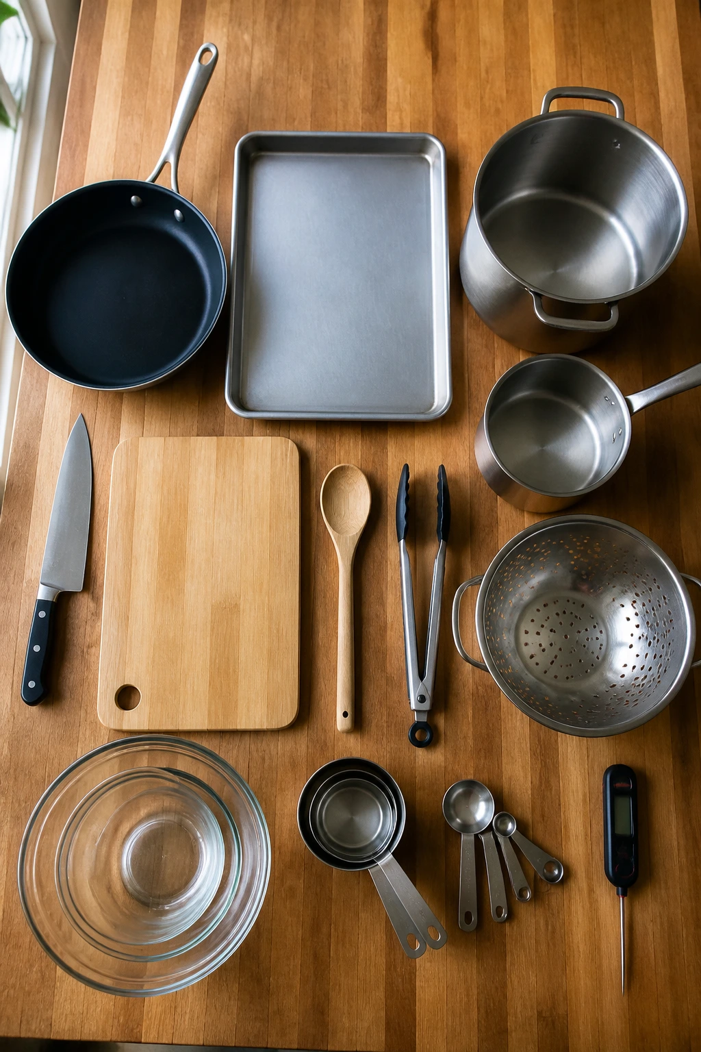 Top-down view of essential kitchen tools arranged on a counter