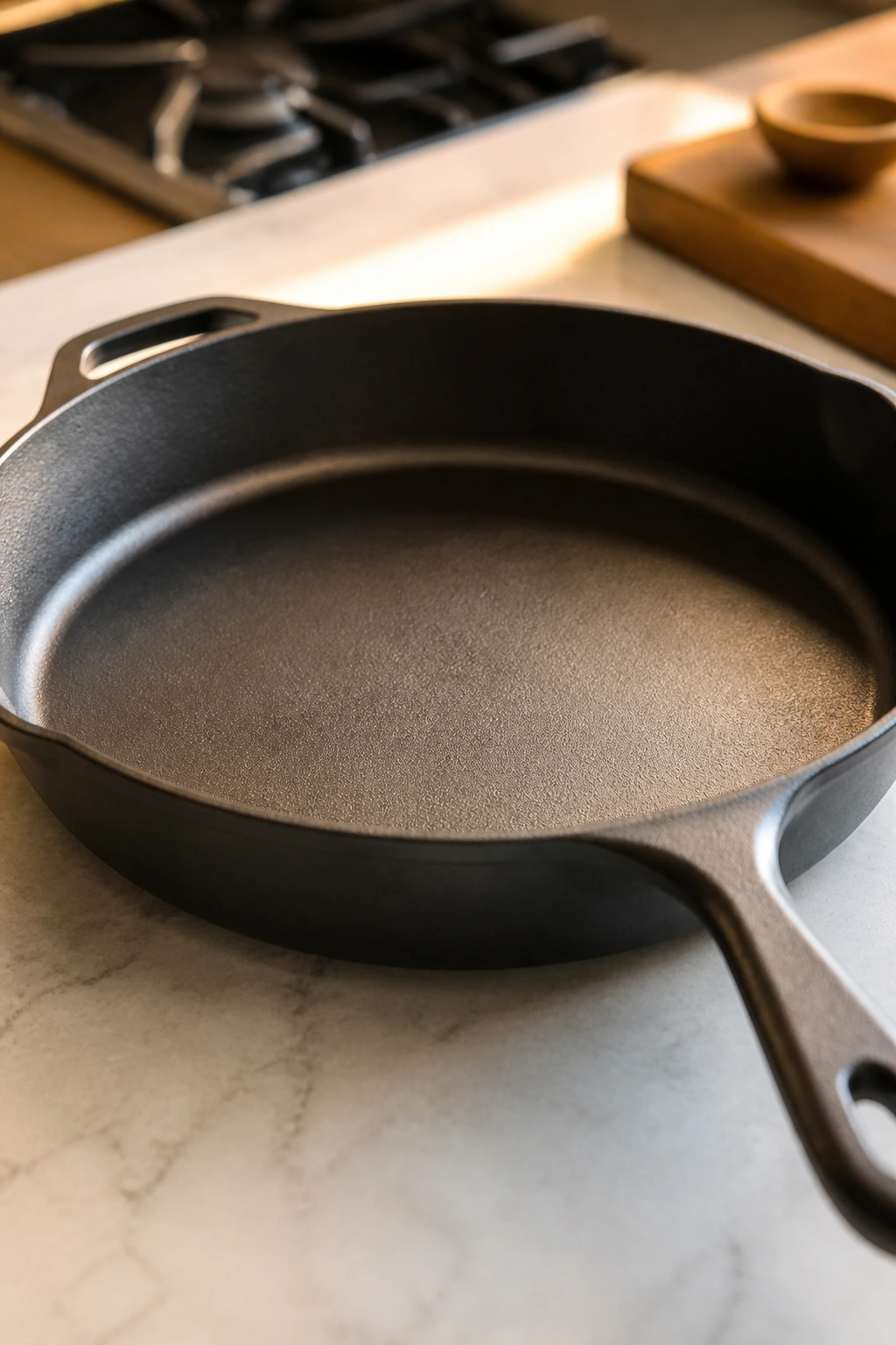 Close-up of a large skillet filling the frame