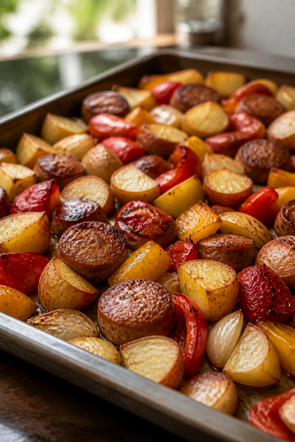 Evenly browned sheet-pan ingredients showing uniform cooking