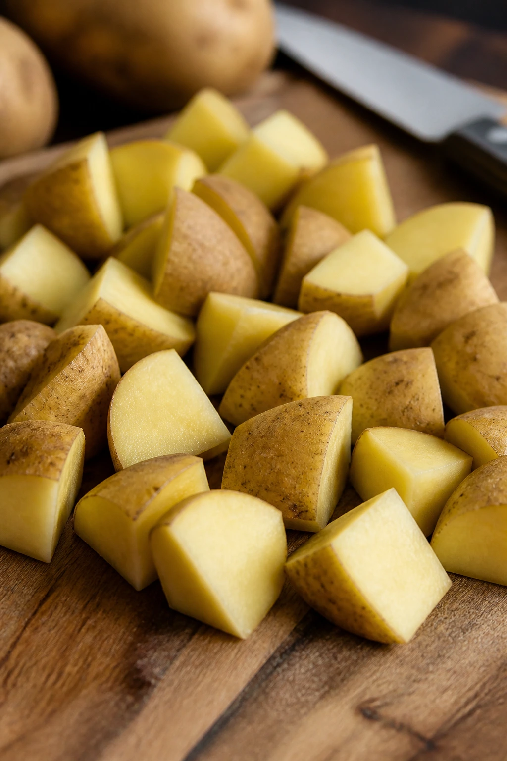 Evenly cut potato pieces on a cutting board