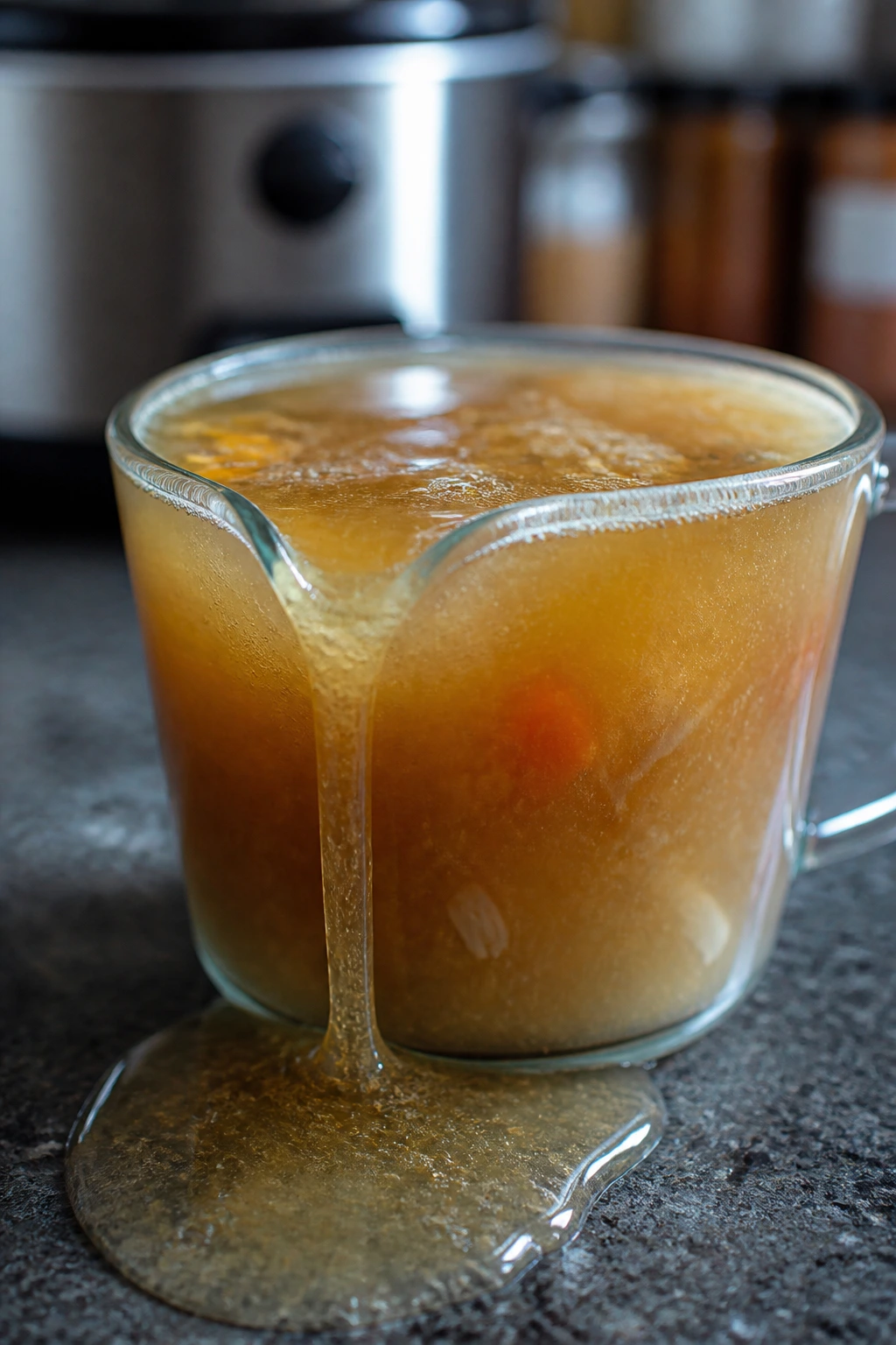 Measuring cup with excess broth spilling, illustrating slow cooker mistakes
